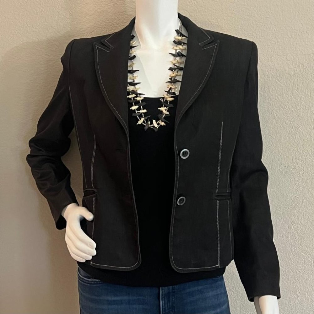 Light weight black blazer, with white stitching.